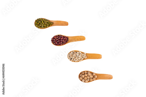Mung beans, Red kidney beans, Chickpeas source and peeled barley in spoon wooden isolated on transparent background