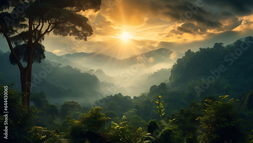 Sunrise in the morning mist in the tropical forest. Nature background