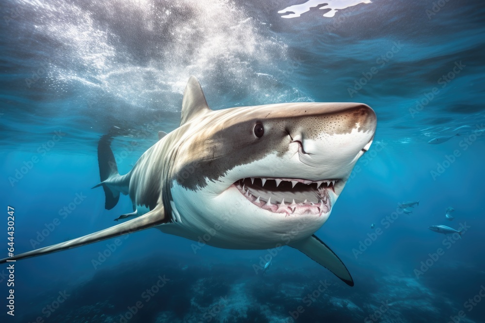 Naklejka premium Formidable toothy shark swimming in the background of the ocean, close-up.