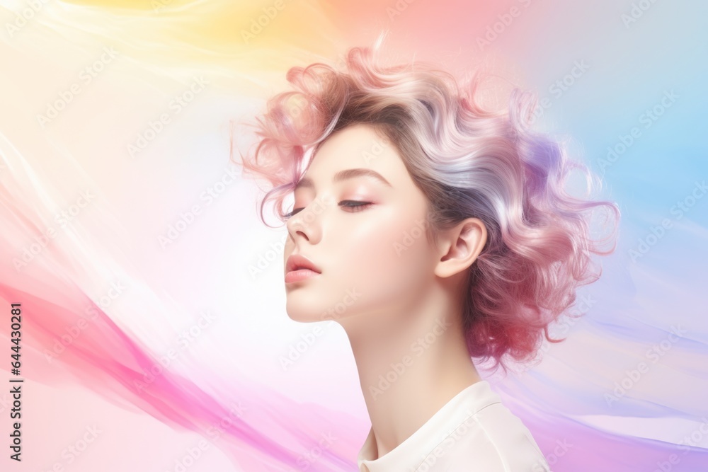 Portrait of a young romantic dreaming girl with pink hair and closed eyes on pastel background.