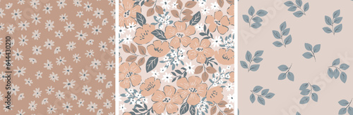 Hand drawn peachy flowers, seamless pattern. Doodle pastel spring theme. Blossom garden feminine illustration.