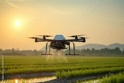 Agricultural quadcopter irrigates farmland against the backdrop of dawn.