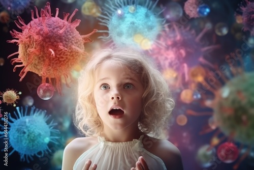 Child Health Concepts. Frightened child girl amidst flying viruses.