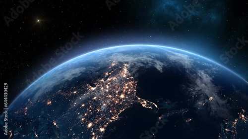 North America View from Space. Planet Earth Night Cities Lights. Beautiful View of the Globe from Orbit Satellite. Global World Technology and Business Concept. 4k Ultra HD 3840x2160