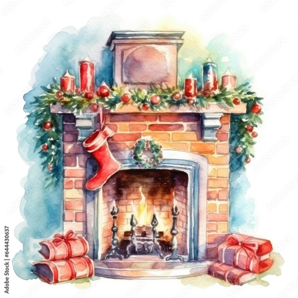 Watercolor Christmas Fireplace with Christmas Decoration 