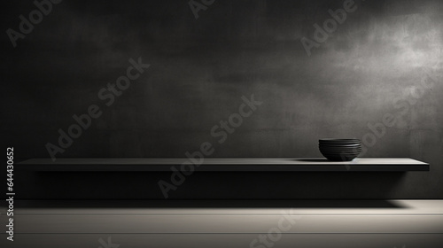 An empty shelf, black vase, modern black wall for mock up, presentation, backdrop, background