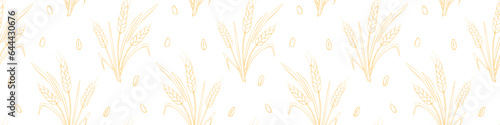 Wheat spikelets and grains, vector seamless pattern, light yellow outline isolated. Design of print, wrapping paper, packaging on theme of bakery products, flour, harvest, thanksgiving