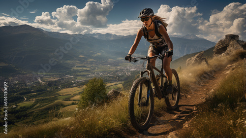Generative ai illustration of Young woman riding a mountainbike