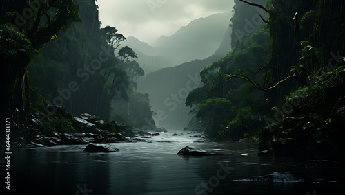 Mountain river in the misty forest with rocks in the foreground