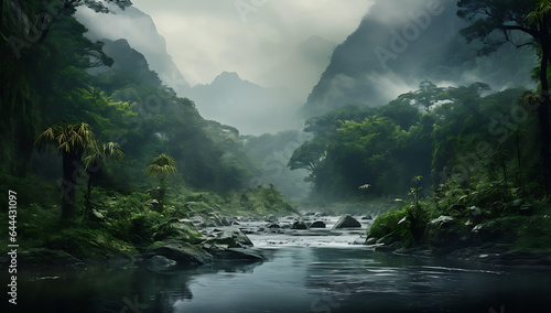 Landscape of a river flowing through a green forest in the mountains © Andsx
