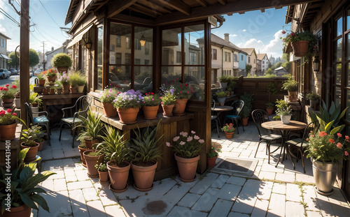 Restaurant exterior, Courtyard cafe, outdoor dining area. © Frozen Design