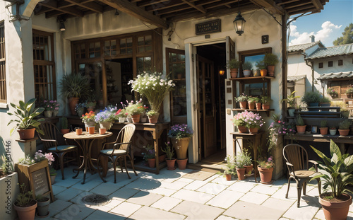 Restaurant exterior, Courtyard cafe, outdoor dining area. © Frozen Design