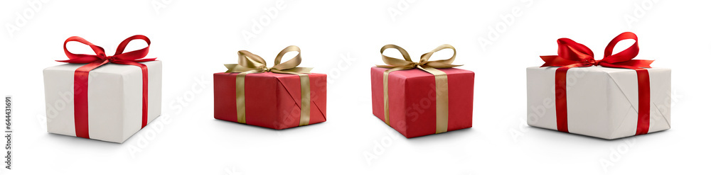 A collection of red and white gift wrapped presents with a red and gold ribbon bows isolated against a transparent background. - obrazy, fototapety, plakaty 