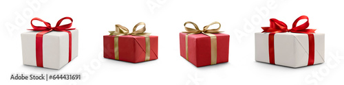 Tableau sur toile A collection of red and white gift wrapped presents with a red and gold ribbon bows isolated against a transparent background
