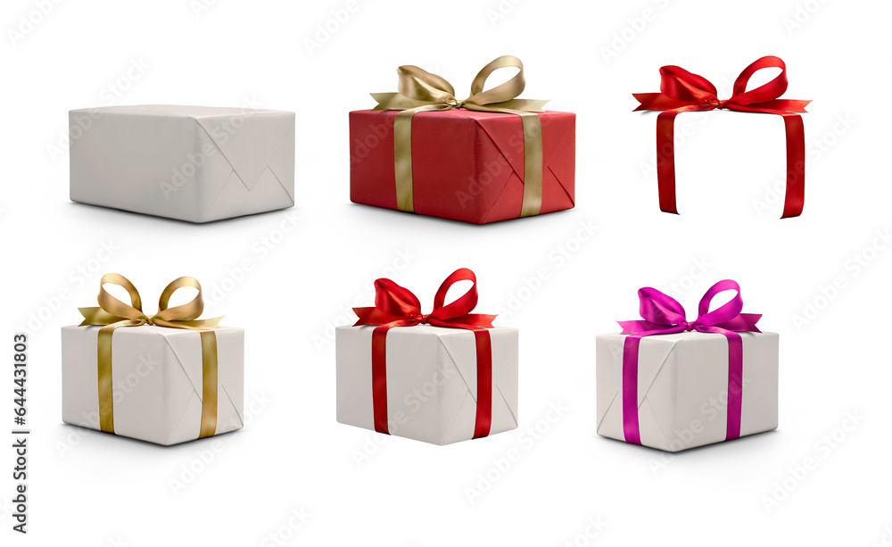 A collection of white gift wrapped presents of different sizes with a red , gold and pink ribbon bows isolated against a transparent background.