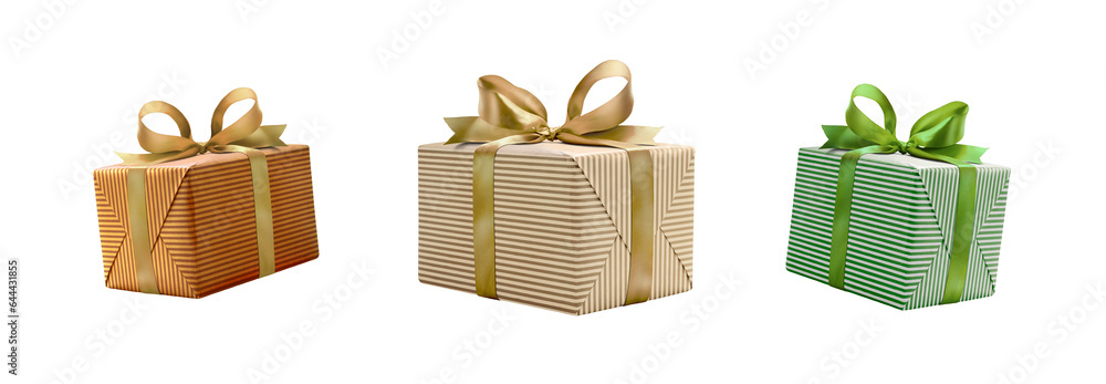 A collection of traditional stripped gold, orange and green gift wrapped presents with a gold and green ribbon bows isolated against a transparent background.