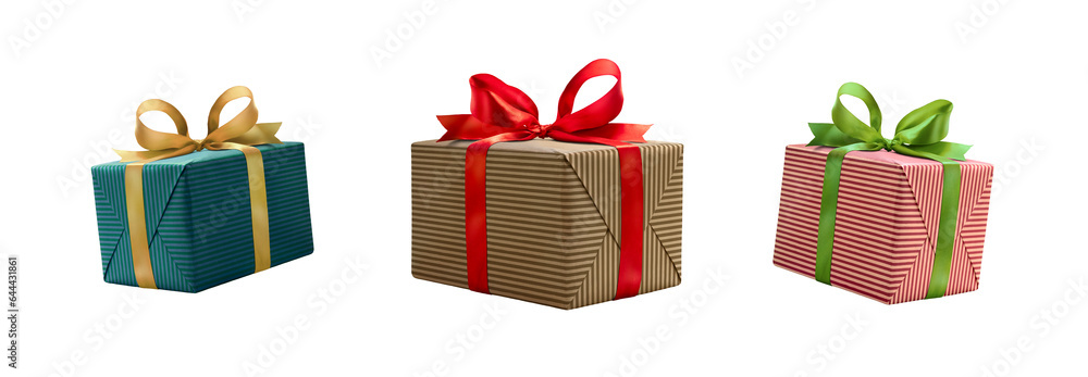 A collection of stripped brown, red and green gift wrapped presents with a red , gold and silver ribbon bows isolated against a transparent background.
