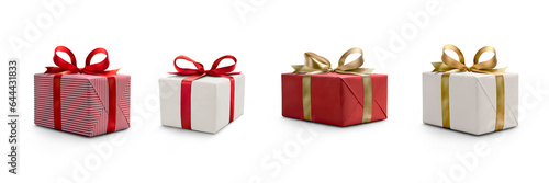 A collection of red and white gift wrapped presents with a red and gold ribbon bows isolated against a transparent background.