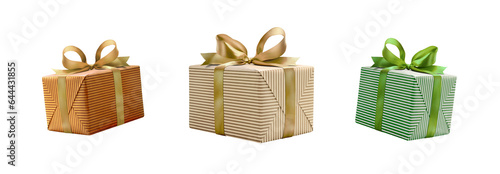 Obraz na płótnie A collection of traditional stripped gold, orange and green gift wrapped presents with a gold and green ribbon bows isolated against a transparent background. w salonie
