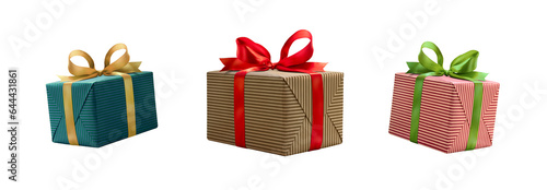 Obraz na płótnie A collection of stripped brown, red and green gift wrapped presents with a red , gold and silver ribbon bows isolated against a transparent background. w salonie
