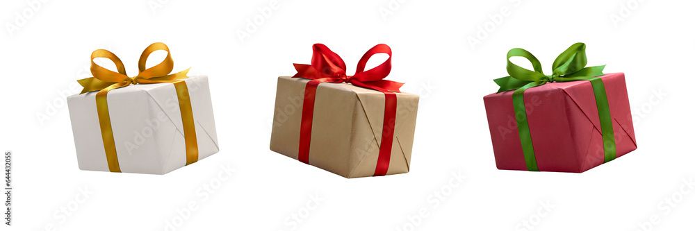A collection of white, red and brown gift wrapped presents with a red , gold and green ribbon bows isolated against a transparent background.