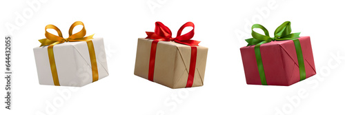 A collection of white, red and brown gift wrapped presents with a red , gold and green ribbon bows isolated against a transparent background.