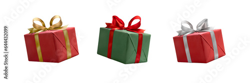 Obraz na płótnie A collection of red and green gift wrapped presents with a red , gold and silver ribbon bows isolated against a transparent background. w salonie