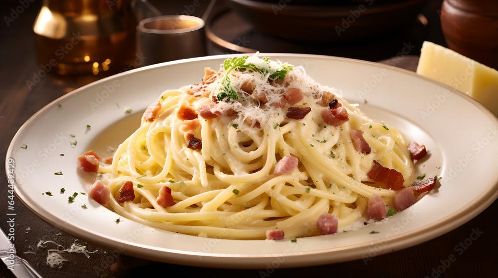 Classic Spaghetti Carbonara: Elegance on a White Plate - Generative Art