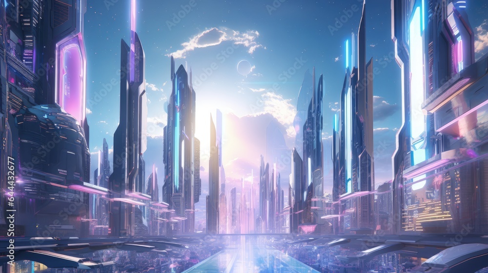Futuristic City Crafted from Gemstones - Futuristic Metropolis Carved from Sparkling Gemstones - Where Crystal Brilliance Shapes Skyline of an Advanced Tomorrow created with Generative AI Technology - obrazy, fototapety, plakaty 
