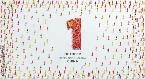 Happy National Day China. A large group of people form to create the number 1 as China celebrates its National Day on the 1st of October. Vector illustration.