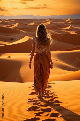 Woman walking in the desert at dusk