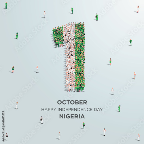 Happy Independence Day Nigeria. A large group of people form to create the number 1 as Nigeria celebrates its Independence Day on the 1st of October. Vector illustration.