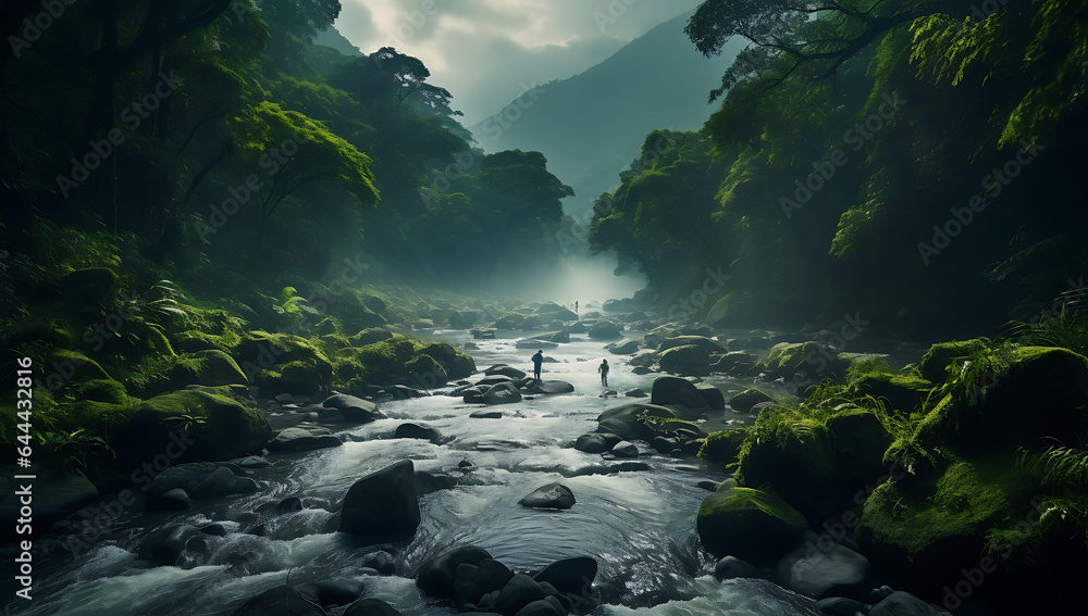 Fantastic view of a mountain river flowing through a green forest