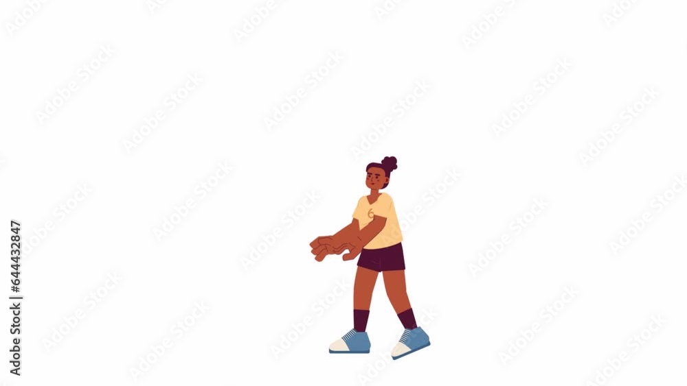Black girl volleyball blocker 2D character animation. Volley player passing ball flat cartoon 4K video, transparent alpha channel. African american woman spiking animated person on white background Black girl volleyball blocker 2D character animation. Volley player passing ball flat cartoon 4K video, transparent alpha channel. African american woman spiking animated person on white background