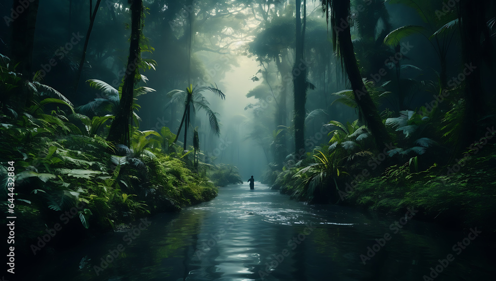 Tropical rainforest with a man walking on a stream