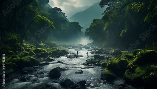 Fantastic view of a mountain river flowing through a green forest © Andsx