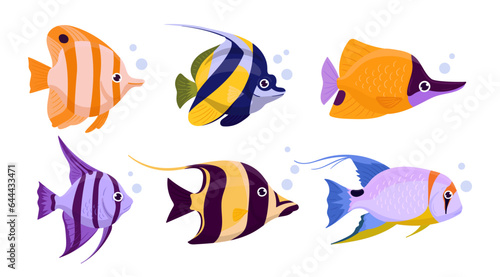 Cartoon exotic fish. Underwater or aquarium tropical fish. Saltwater wild fauna flat vector illustration set. Exotic fish species collection