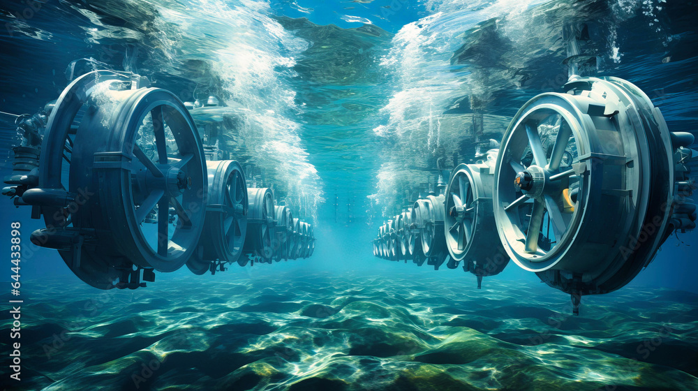 Tidal turbines churning in deep sea waters - obrazy, fototapety, plakaty 