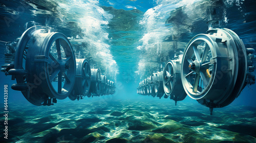 Tidal turbines churning in deep sea waters photo