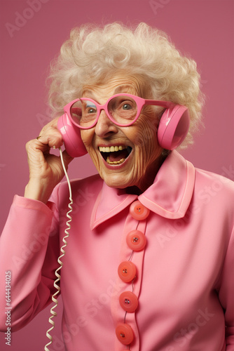 Happy senior woman in headphones on pink background