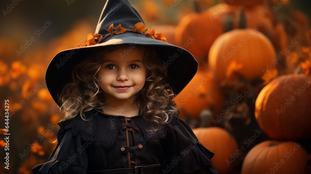 A girl in a Halloween costume and witch hat among pumpkins A girl in a Halloween costume and witch hat among pumpkins