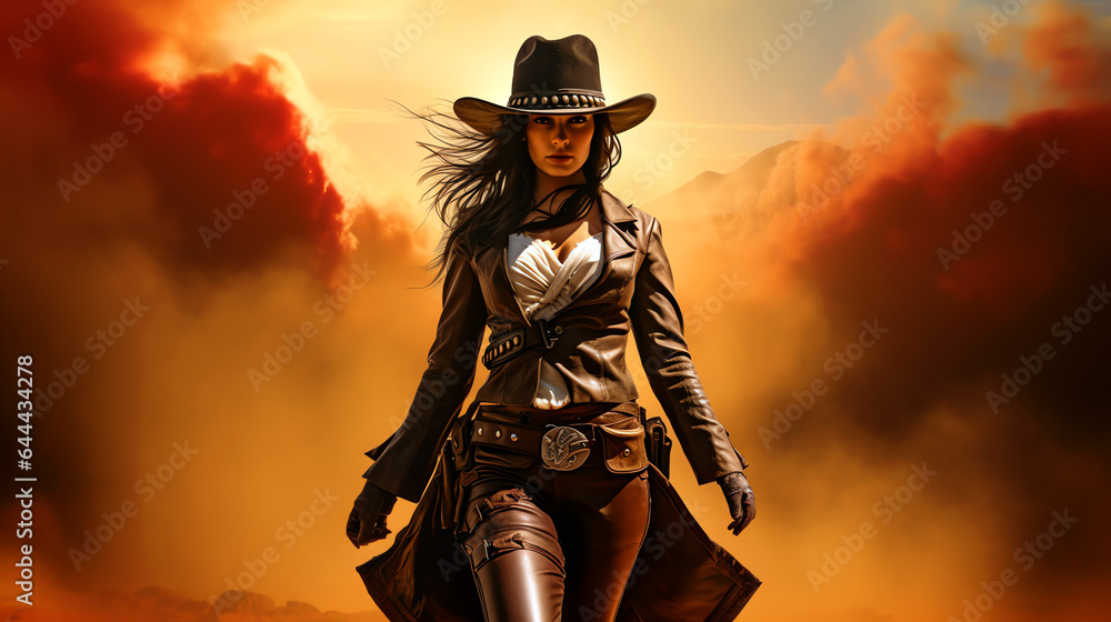 Female bounty hunter wild west desert scene. Generative AI - obrazy, fototapety, plakaty 