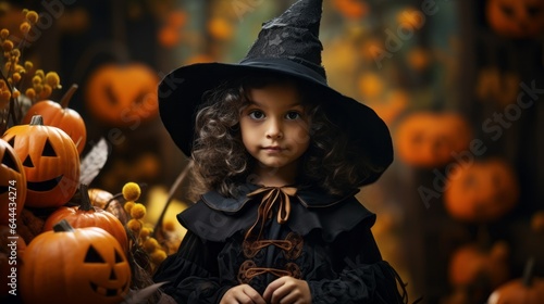 A girl in a Halloween costume and witch hat in a garden of jack-o'-lanterns