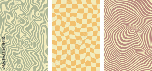 Set of three vector groovy background 60s, 70s retro style. Trendy abstract hippie pattern with psychedelic waves in pastel colors 