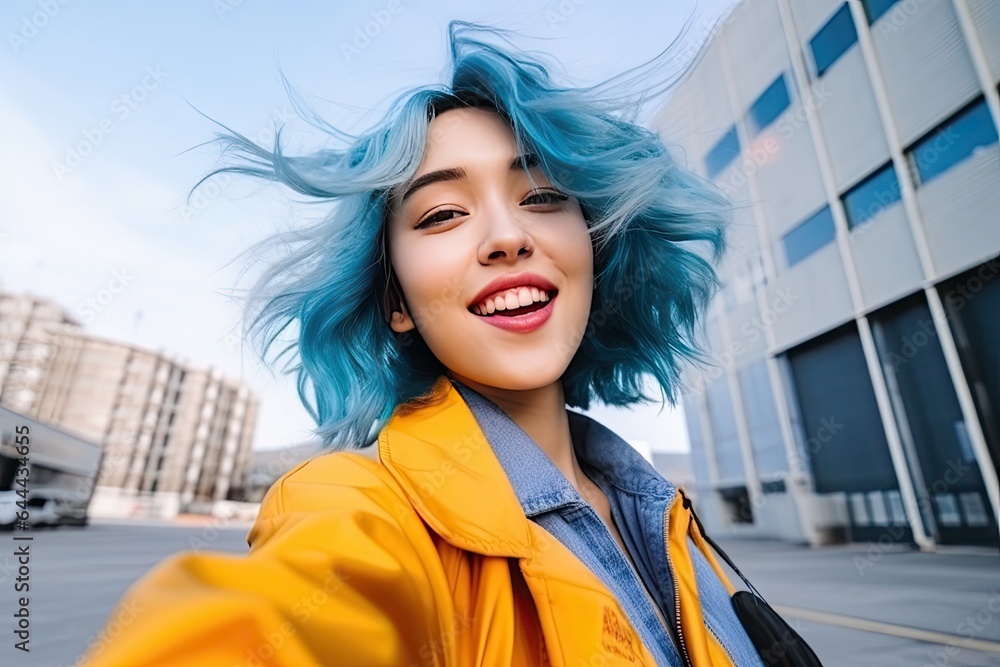 Portrait of a beautiful smiling blue-haired Japanese woman taking a selfie on an urban background,