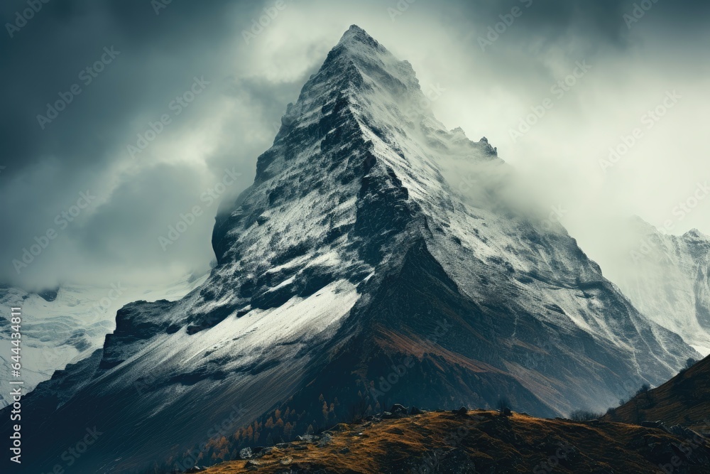 A dramatic wallpaper showcasing a snow-covered rocky mountain peak up close, with cloudy skies overhead, creating a breathtaking winter scene. Photorealistic illustration, Generative AI