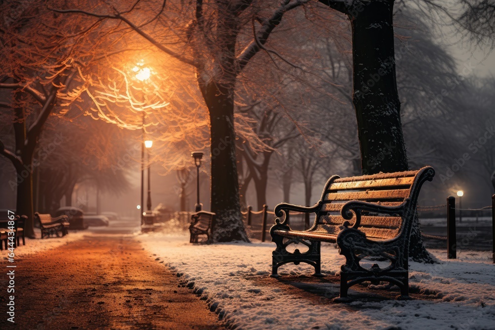 A serene backdrop for creative content in December, depicting a snow-covered park and illuminated lamp posts, creating a tranquil and wintry atmosphere. Photorealistic illustration, Generative AI