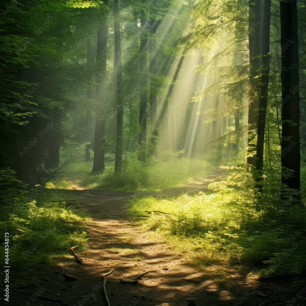 Obraz premium Morning in a birch grove in the rays of the sun. Beautiful summer landscape of clean woods with sunbeams and rays of light flashing through the trees. Ecology and environment concept.