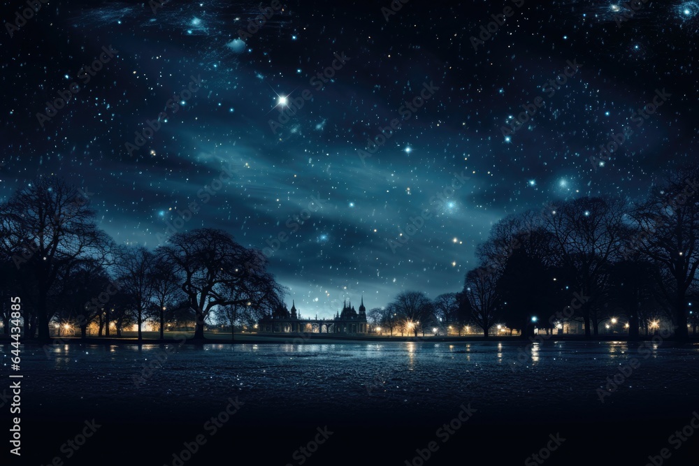 A background image for creative content, featuring a starry night with a view of the sky over a park, evoking a sense of wonder of a winter night. Photorealistic illustration, Generative AI A background image for creative content, featuring a starry night with a view of the sky over a park, evoking a sense of wonder of a winter night. Photorealistic illustration, Generative AI