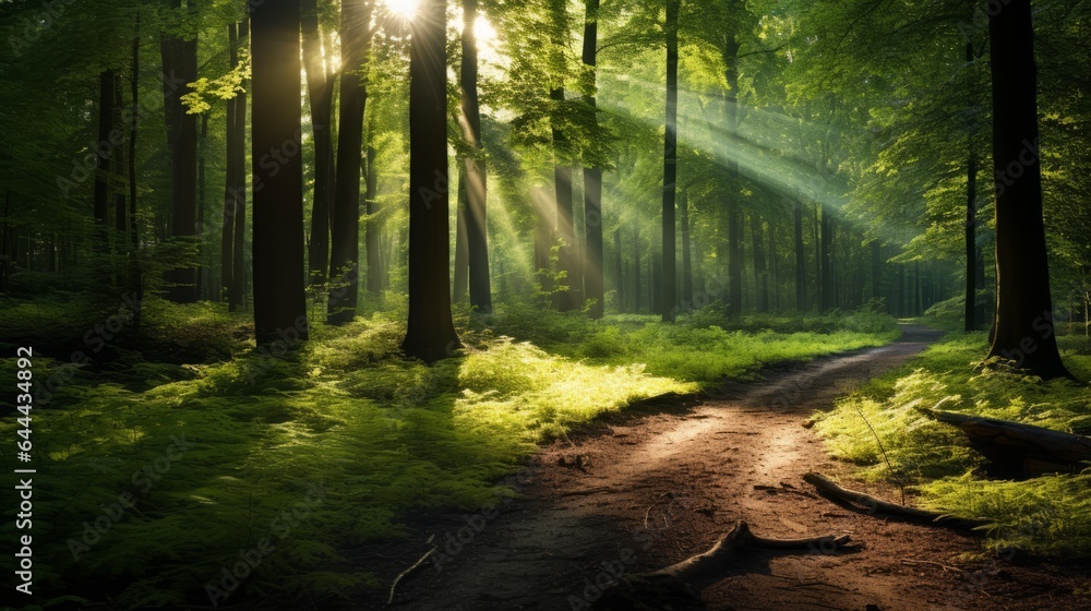 Morning in a forest with rays of the bright sun. Beautiful summer landscape of clean woods with sunbeams and rays of light flashing through the trees. Ecology and environment concept.